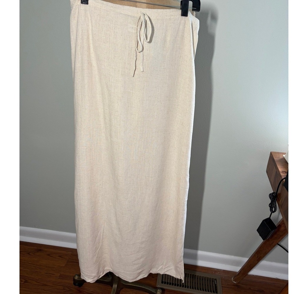 Linen Blend Maxi Skirt Beige Minimalist Boho Preppy Slit XL NEW with tags